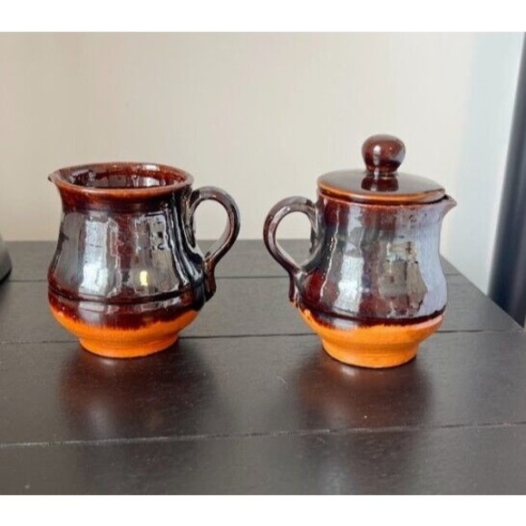 Set of vintage cream and sugar pottery with lid - Picture 2 of 10